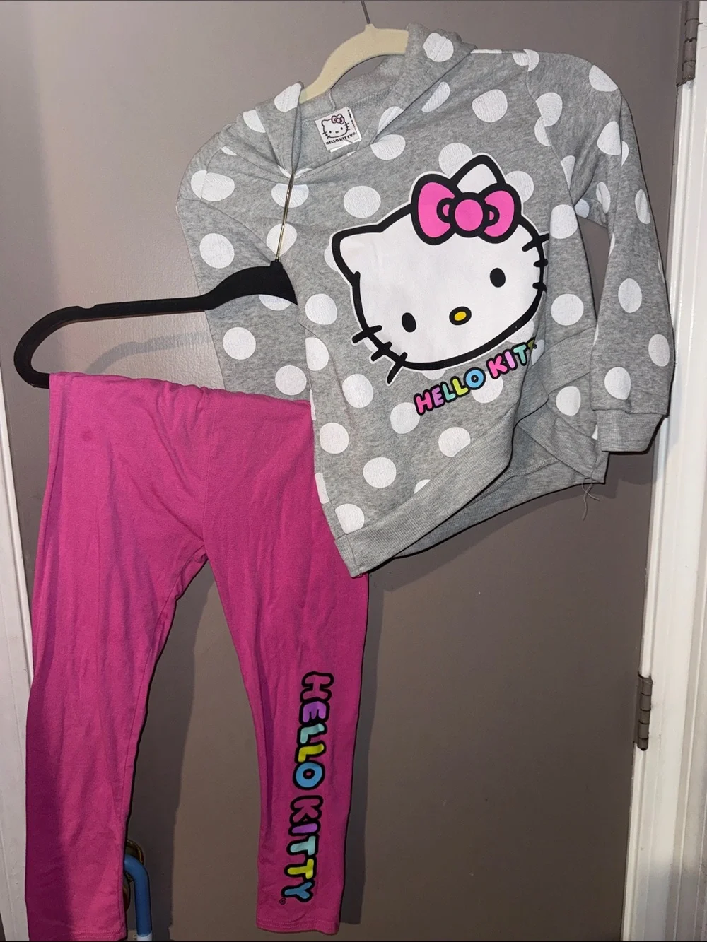 Hello Kitty Two-Piece Sweatsuit, Pink Leggings with Gray Polka Dot Hoodie Set